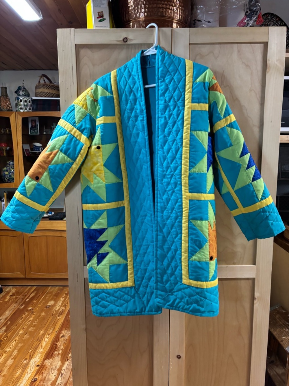 Bright Turquoise Quilted Patchwork Teddy Jacket with Yellow Trim